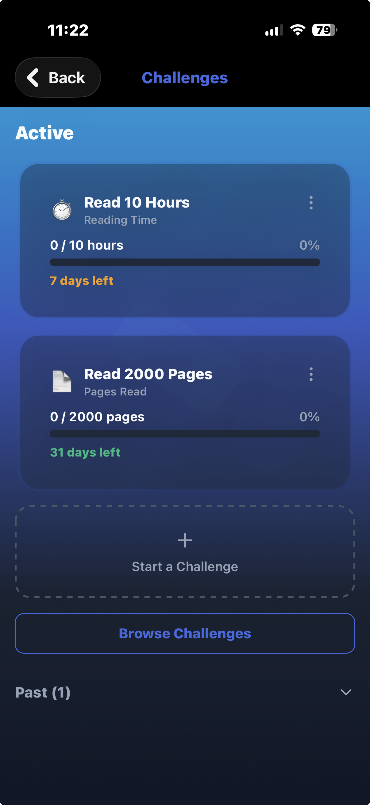 Challenges screen with active challenges to read 10 hours in 7 days and read 2000 pages in 31 days, plus buttons to start or browse challenges
