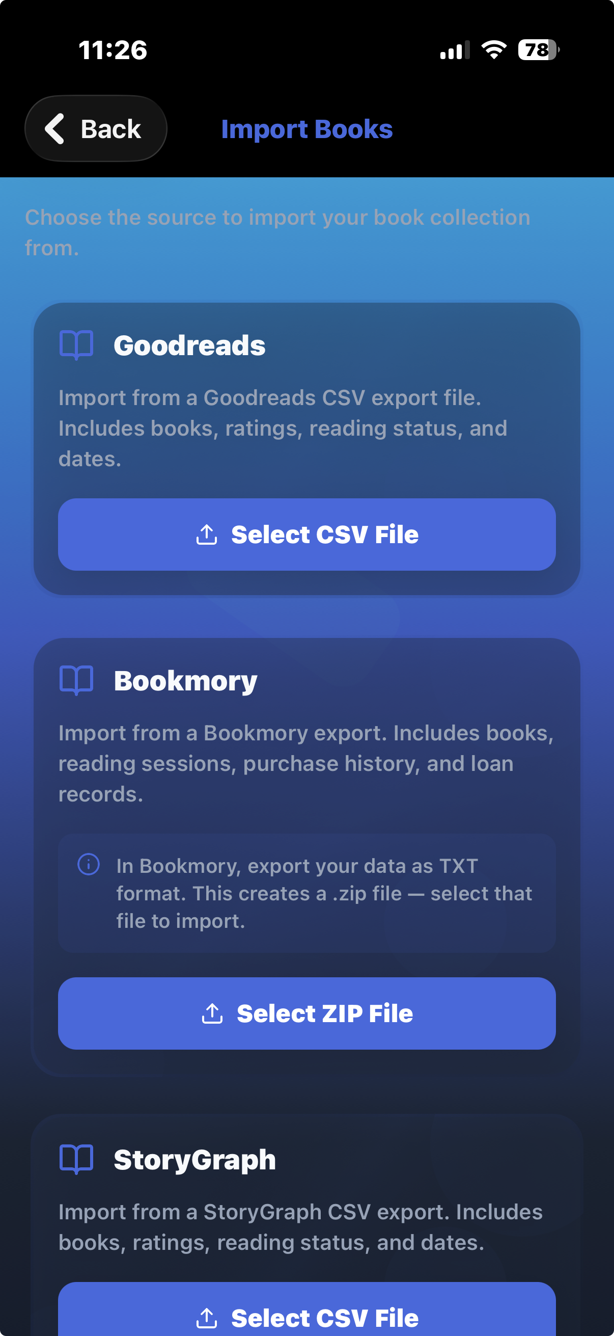 Import Books screen offering to import a book collection from Goodreads CSV, Bookmory ZIP, and StoryGraph CSV files